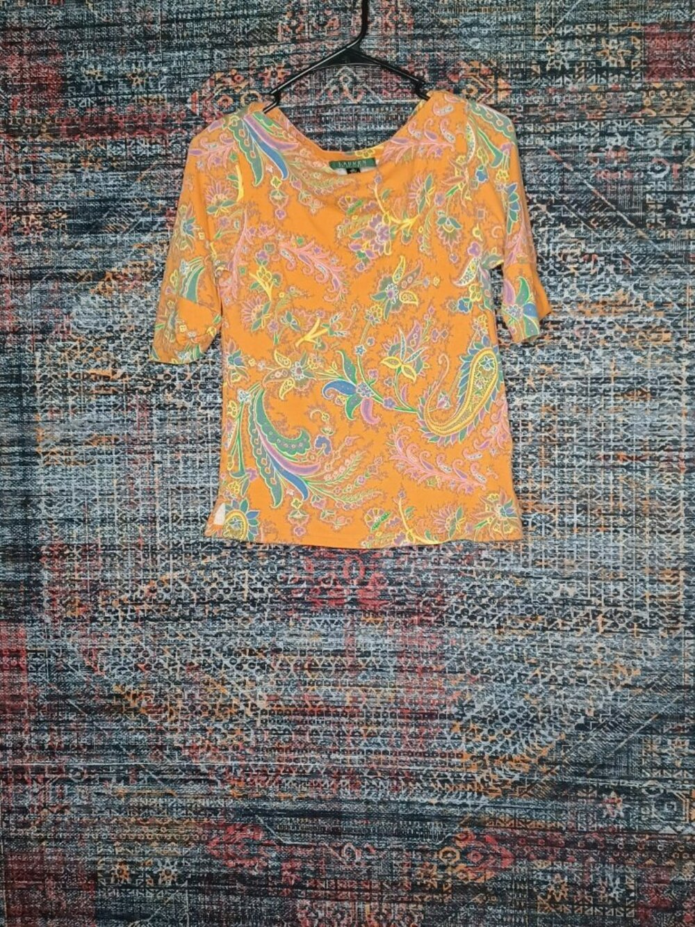 Lauren Ralph Lauren LRL womens orange green colorful crop paisley tee shirt M